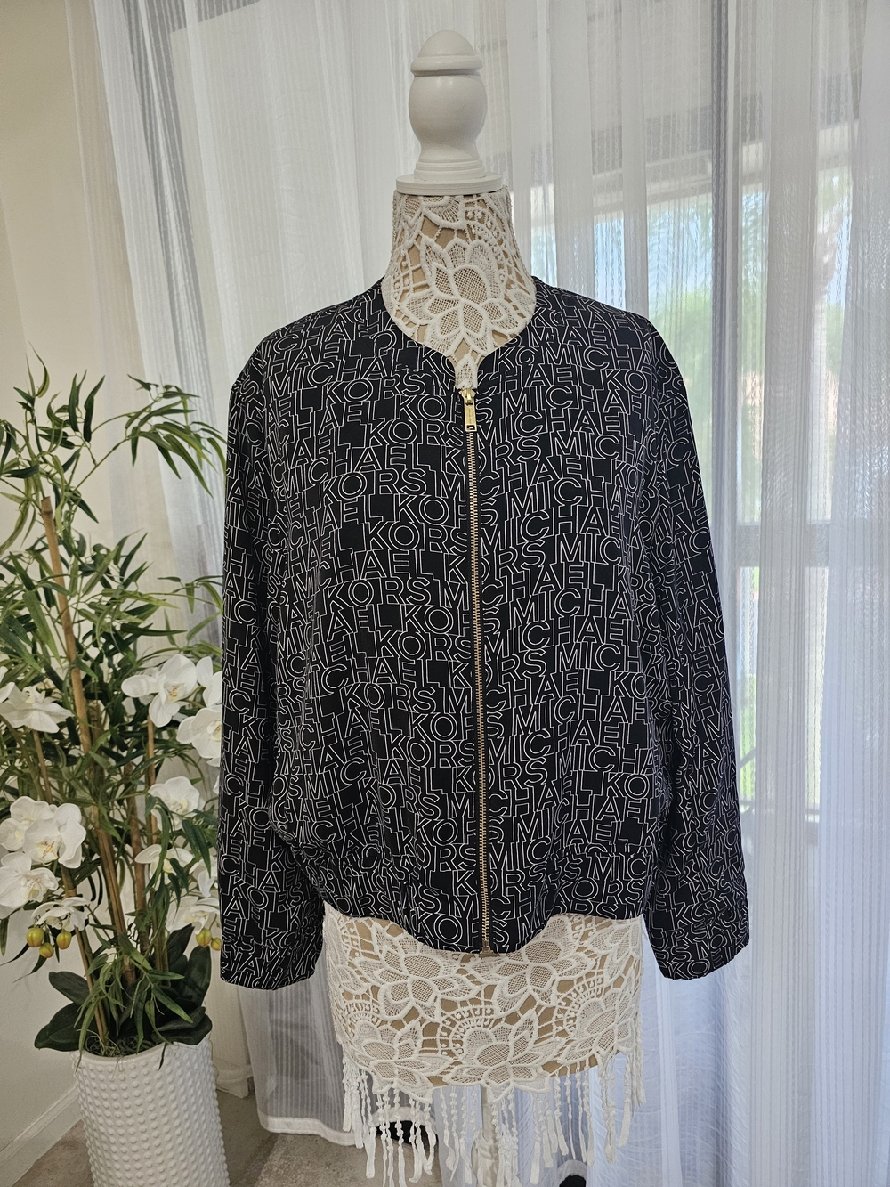 MICHAEL Michael Kors Black Logo Zip-Front Bomber Jacket, Size XL